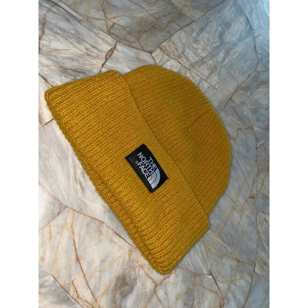 The North Face Mustard Yellow Knit Cuffed Beanie‎ Logo Patch Hat One Size